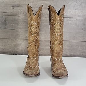 Texas Country Cut-Out Embroidered Tan Leather Western Cowboy Boots Sz